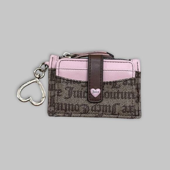 Juicy Couture Brown & Pink Logo Card Holder Wallet with Heart Keychain - Picture 1 of 6